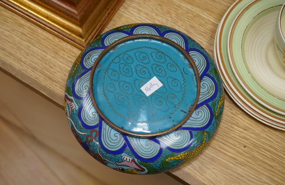 A pair of Chinese cloisonné enamel ‘dragon’ vases on stands and a similar bowl on stand, vases 28.5cm high including stands. Condition - good